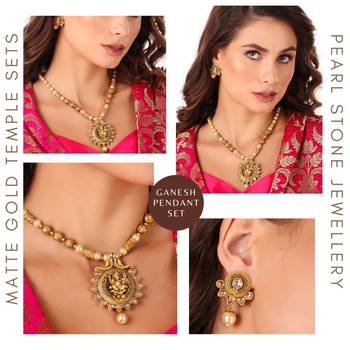 Mansiyaorange matte  gold temple theme lord  ganesha pendant pearl jewellery  set 3