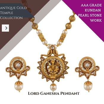 Mansiyaorange matte  gold temple theme lord  ganesha pendant pearl jewellery  set 4