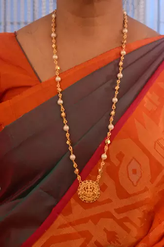 Laxmi pendant Swarovski pearl necklace LONG one gram gold