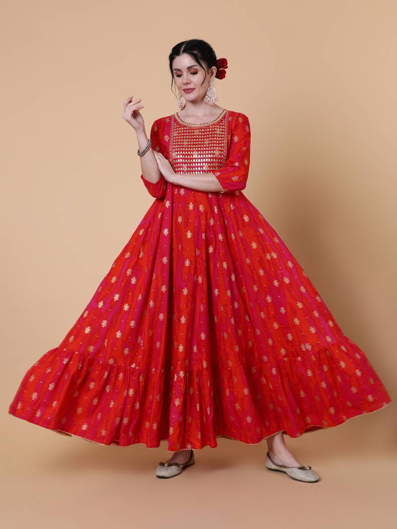 Gulmohar jaipur rayon ankle length flared 3/4 sleeve printed round neck