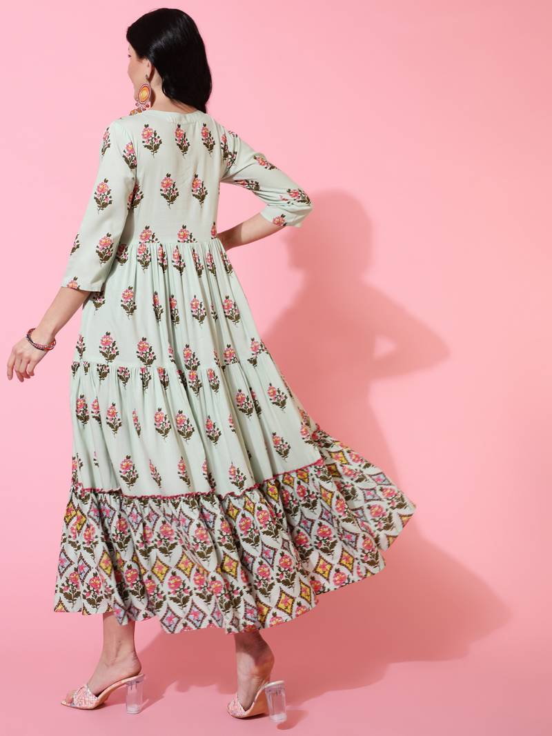 Gulmohar jaipur rayon calf length flared 3/4 sleeve printed round neck