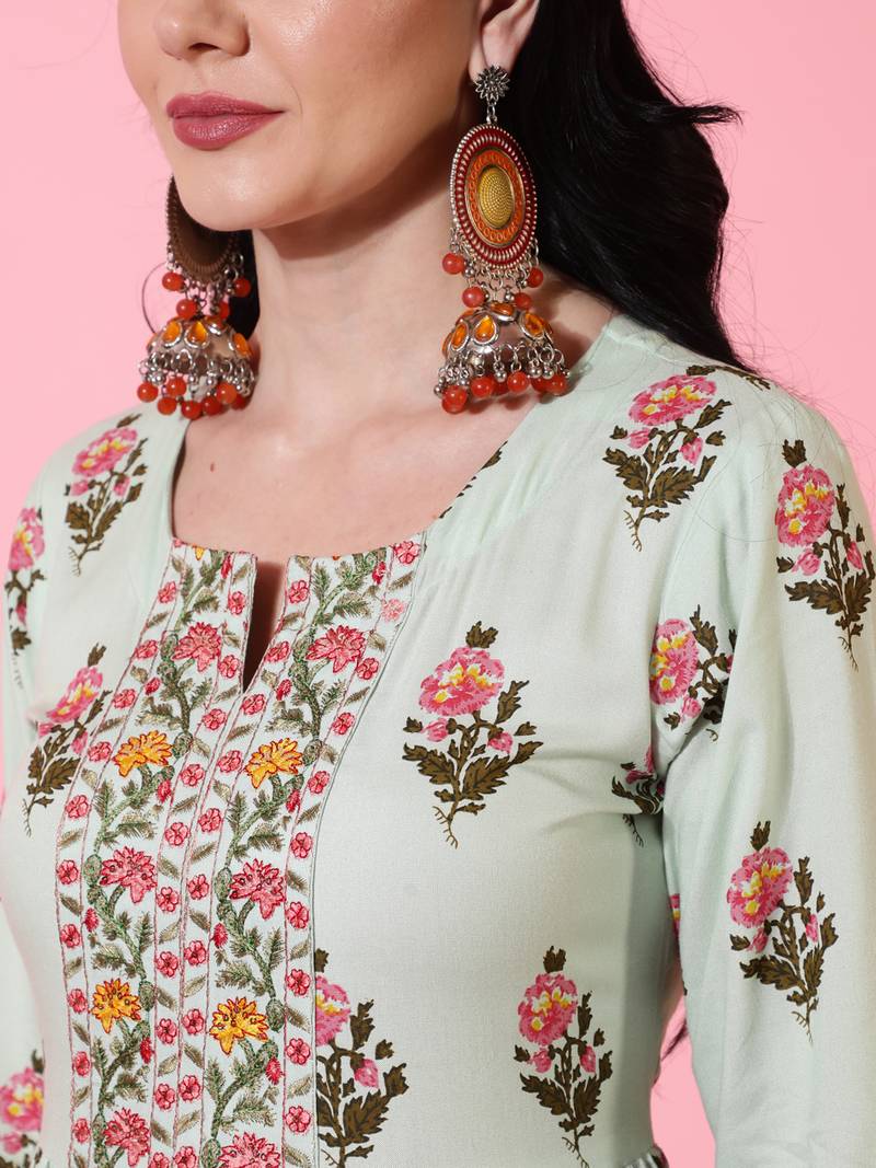 Gulmohar jaipur rayon calf length flared 3/4 sleeve printed round neck