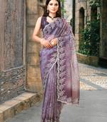Trendmalls  Purple Organza Embroidery With Sequence Work Traditional Wedding Party Wear Groom Saree With Blouse