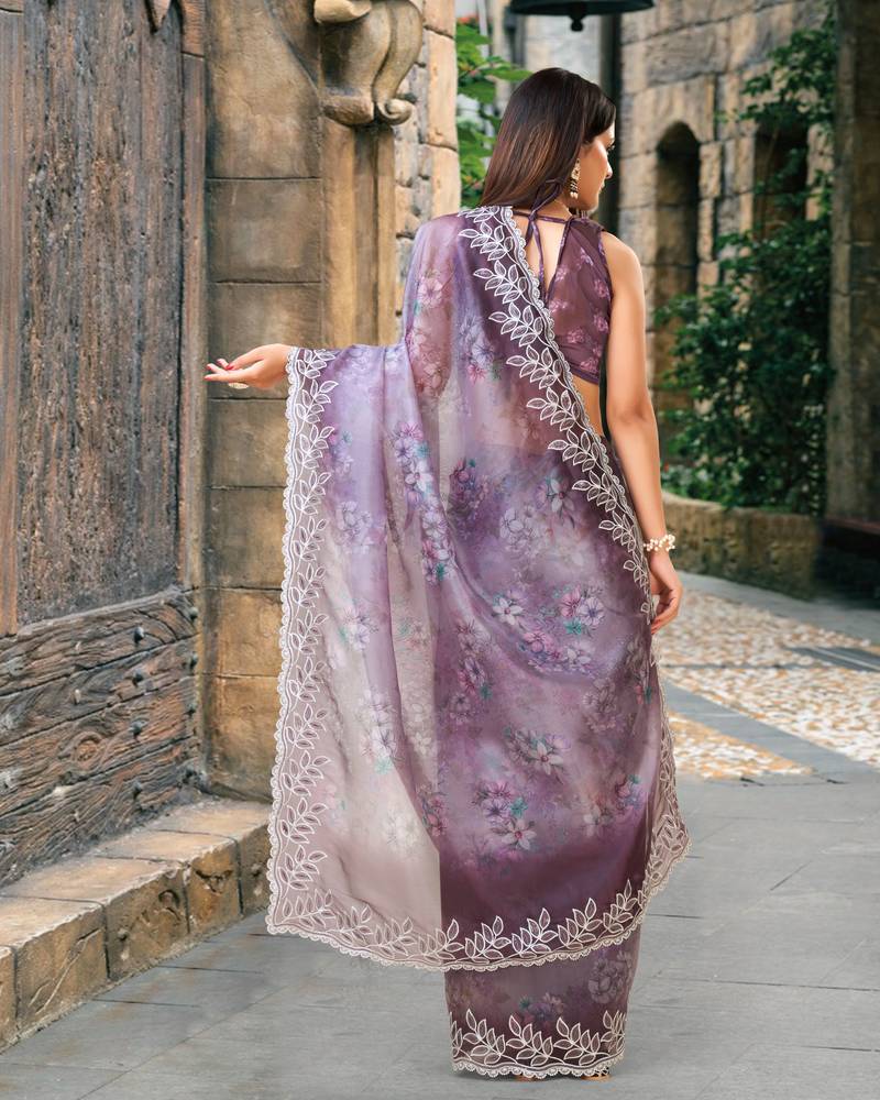 Trendmalls  Purple Organza Embroidery With Sequence Work Traditional Wedding Party Wear Groom Saree With Blouse