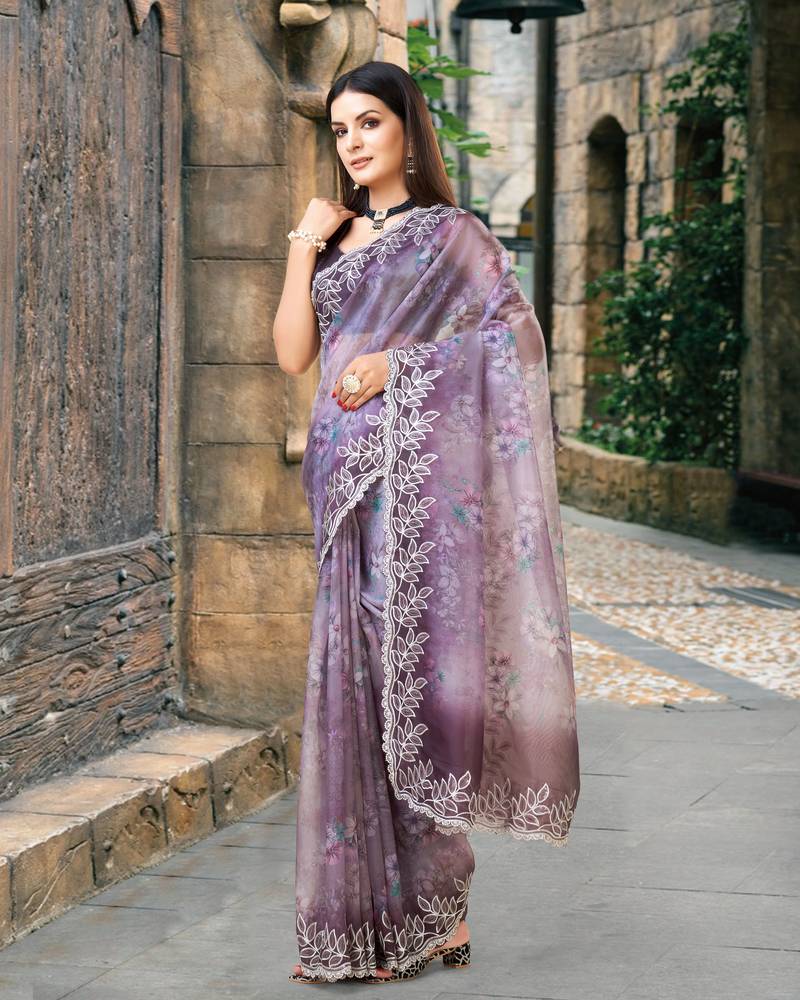 Trendmalls  Purple Organza Embroidery With Sequence Work Traditional Wedding Party Wear Groom Saree With Blouse