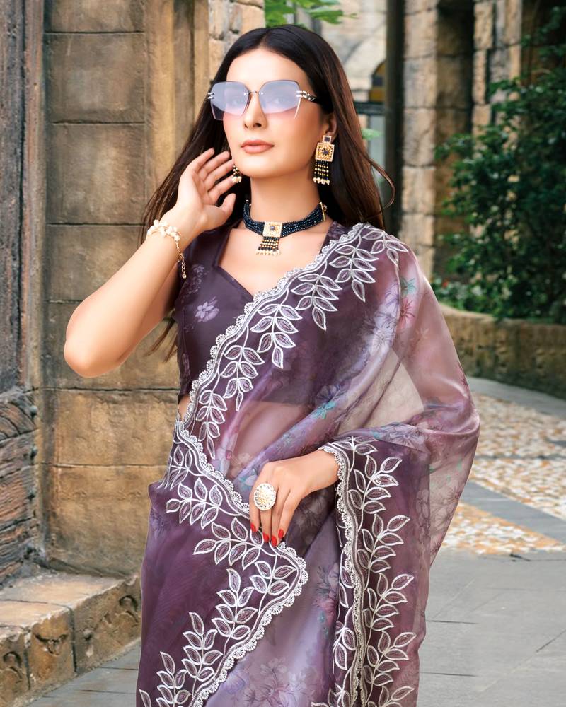 Trendmalls  Purple Organza Embroidery With Sequence Work Traditional Wedding Party Wear Groom Saree With Blouse