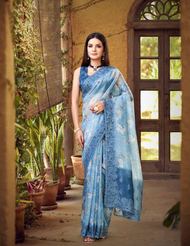 Women sky blue Organza  Embroidery Coding sequence salwar suit
