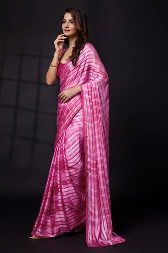  Pink Satin Print With Sirojki Work Traditional Wedding Party Wear Groom Saree With Blouse