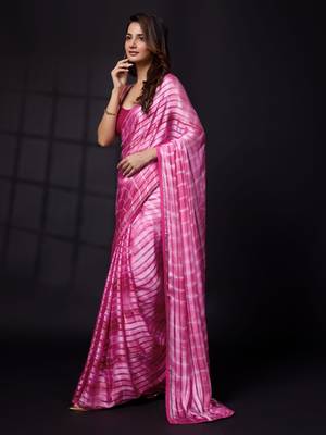  Pink Satin Print With Sirojki Work Traditional Wedding Party Wear Groom Saree With Blouse 1