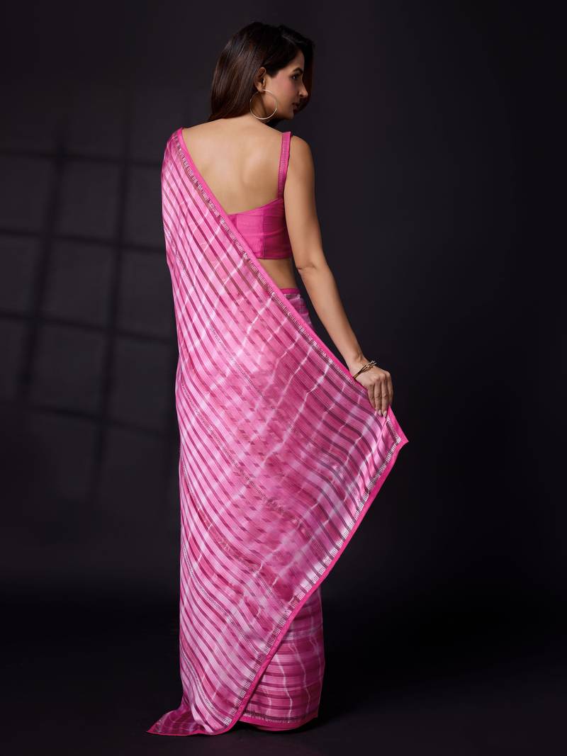 Pink Satin Print With Sirojki Work Traditional Wedding Party Wear Groom Saree With Blouse