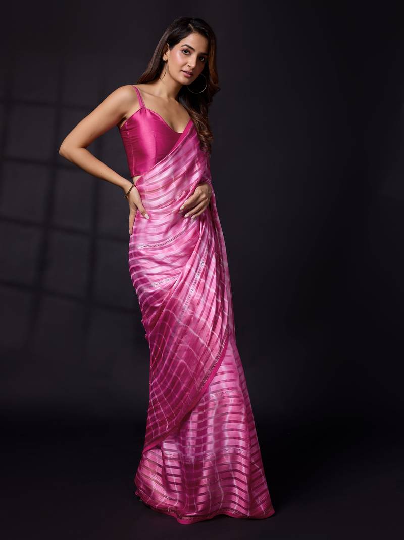  Pink Satin Print With Sirojki Work Traditional Wedding Party Wear Groom Saree With Blouse