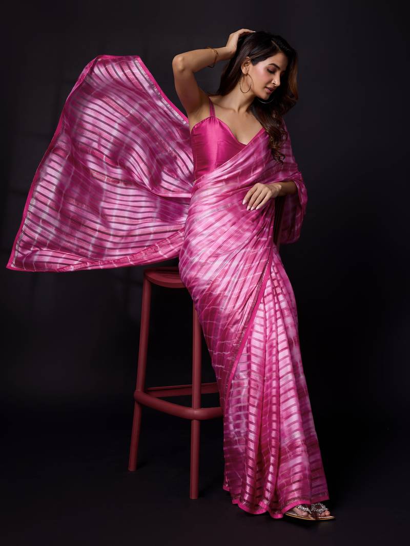  Pink Satin Print With Sirojki Work Traditional Wedding Party Wear Groom Saree With Blouse
