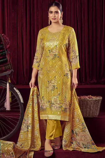 mustard organza jacquard dress material