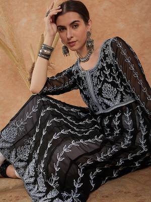 Women's black rayon embroidery georgette kurti 2
