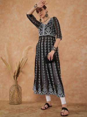Women's black rayon embroidery georgette kurti 3