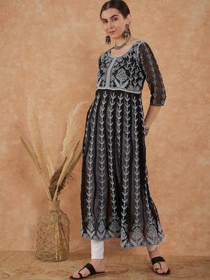 Women's black rayon embroidery georgette kurti 4