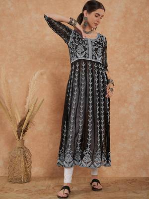 Women's black rayon embroidery georgette kurti 1