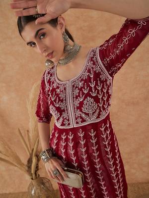 Women's maroon rayon embroidery georgette kurti 1