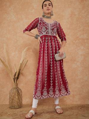 Women's maroon rayon embroidery georgette kurti 2
