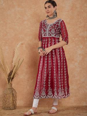 Women's maroon rayon embroidery georgette kurti 3