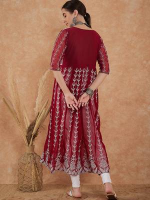 Women's maroon rayon embroidery georgette kurti 4