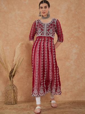 Women's maroon rayon embroidery georgette kurti 5