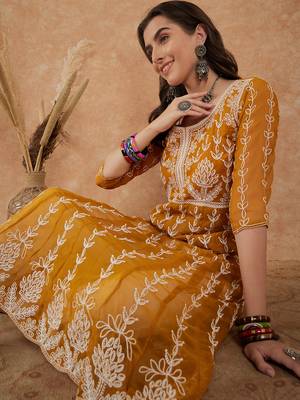 Women's mustard rayon embroidery georgette kurti 1