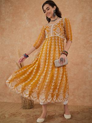 Women's mustard rayon embroidery georgette kurti 2