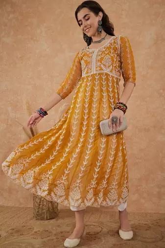Women's mustard rayon embroidery georgette kurti