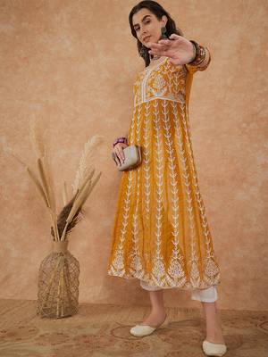 Women's mustard rayon embroidery georgette kurti 3