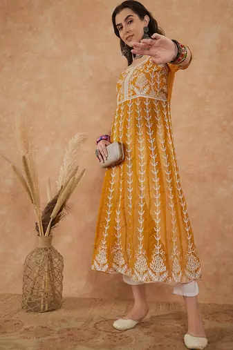 Women's mustard rayon embroidery georgette kurti
