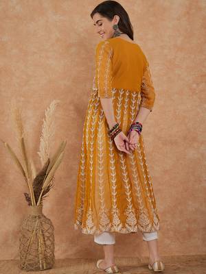 Women's mustard rayon embroidery georgette kurti 4