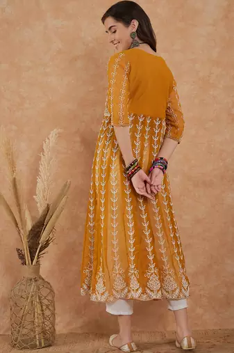 Women's mustard rayon embroidery georgette kurti