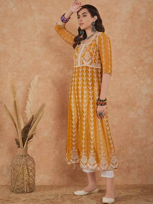 Women's mustard rayon embroidery georgette kurti 5