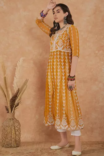 Women's mustard rayon embroidery georgette kurti