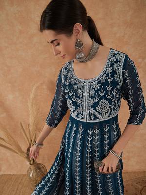 Women's teal rayon embroidery georgette kurti 1