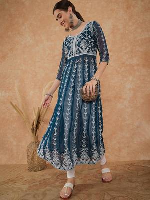 Women's teal rayon embroidery georgette kurti 2