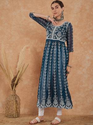 Women's teal rayon embroidery georgette kurti 3