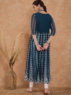 Women's teal rayon embroidery georgette kurti 4