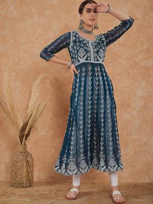 Women's teal rayon embroidery georgette kurti 5