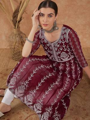 Women's wine rayon embroidery georgette kurti 1