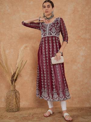 Women's wine rayon embroidery georgette kurti 2