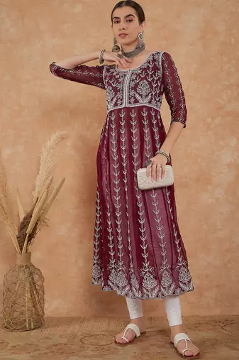 Women's wine rayon embroidery georgette kurti