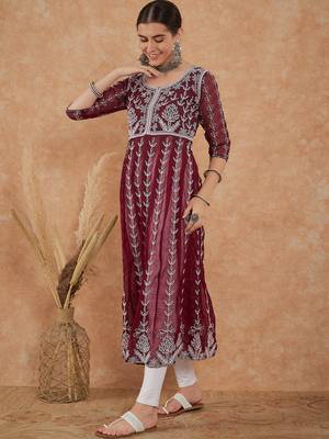 Women's wine rayon embroidery georgette kurti 3