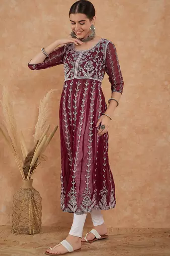 Women's wine rayon embroidery georgette kurti