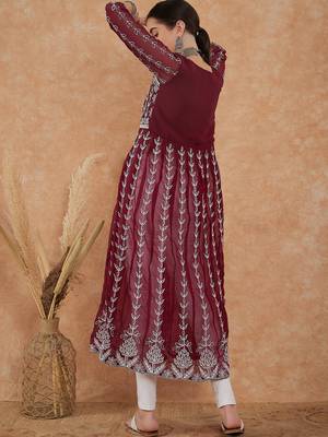 Women's wine rayon embroidery georgette kurti 4