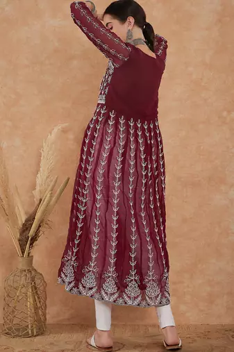 Women's wine rayon embroidery georgette kurti
