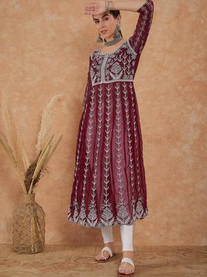 Women's wine rayon embroidery georgette kurti 5