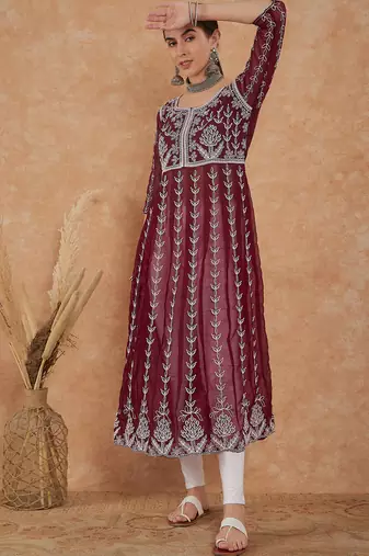 Women's wine rayon embroidery georgette kurti