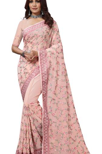 Peach Resham Embroidery Work Georgette Party Wear Saree